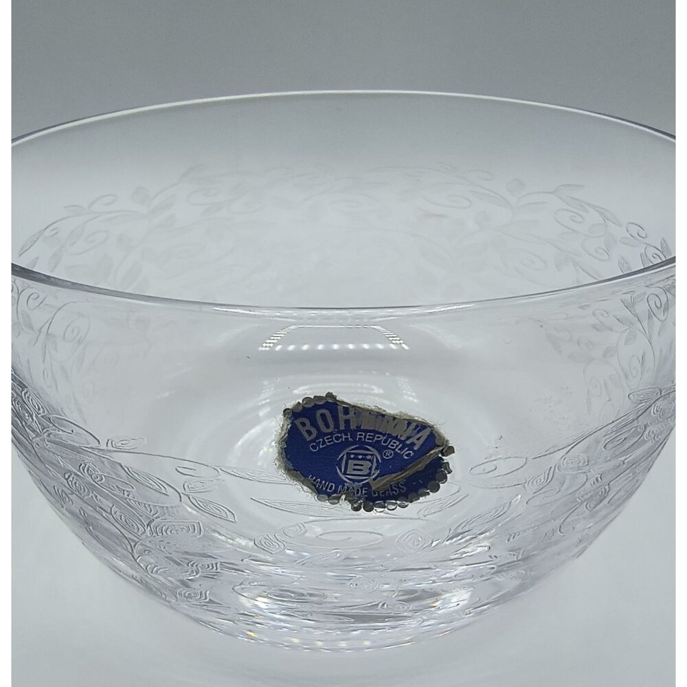 Vintage Bohemian Czech Republic Clear Glass Bowl With Etched Floral Design